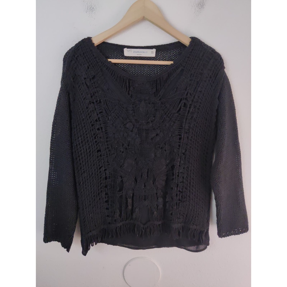 3/$20 Zara Black Sweater Crochet Fringe Top Sweatshirt Chunky Knit Top Size M